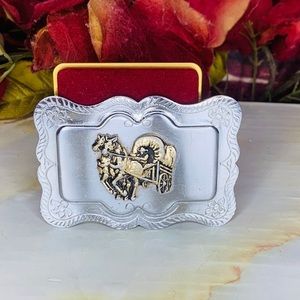 Vintage Silver and Gold Tone Covered Wagon Western Belt Buckle